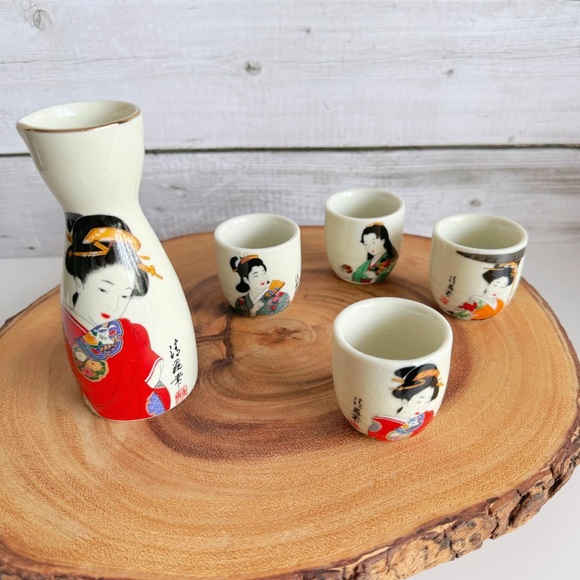 Vintage Other - Vintage Japanese Geisha Sake Set | Carafe & 4 Cups